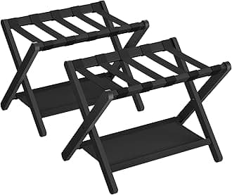 SONGMICS Bamboo Luggage Rack for Guest Room, Set of 2, Folding Suitcase Stand with Fabric Storage Shelf, for Hotel, Bedroom, Heavy-Duty, Holds up to 131 lb, Ink Black URLR007B02