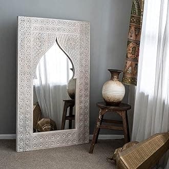 JL Home Decor Handmade Jharokha Shaped Carved Decorative Wall Mirror Frame in Solid Hard Wood for Bedroom | Home Decor | Living Room 120x75cm White Arch Style Rustic Frame