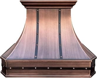 SINDA Handmade Copper Range Hood Cover with Commercial Grade Stainless Steel Vent, Inlcudes Fan Motor, Light and Baffle Filter, Elegant Design, 42"W x 48"H, Wall Mount, H3STRW4248