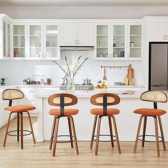 Swivel Counter Height Bar Stools Set of 4, 26" Upholstered Seat Barstools with Rattan Back, Bentwood Frame Mid Century Modern Bar Chairs for Kitchen Island, Dining Room or Bar (Brown)