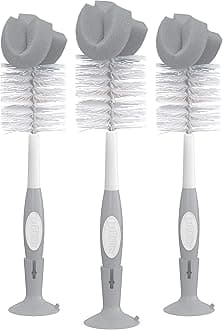 Dr. Brown's Reusable Sponge Baby Bottle Cleaning Brush Set with Suction Cup Stand, Scrubber and Cleaner, Gray, 3 Pack