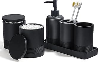 Bathroom Accessories Set, 6-Piece Bathroom Accessory Set, Toothbrush Holders Set, Soap Dispenser, Vanity Tray, Tumbler, Cotton Swab Jars, Bathroom Organizer for Modern Bathrooms(Matte Black)