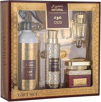 Hamidi Home Natural Oud 4 Pieces Gift Set, Air Freshener 480ml, Eau De Parfum 100ml, Perfume Oil CPO 12ml, Muattar 50gm, Fragrances, Use Every where, Smoke Free, Long Lasting, Gifts Hampers