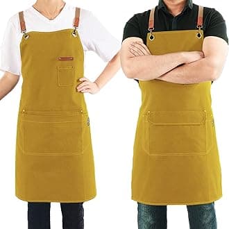 Canvas Apron with Pockets and Cross-back Straps for Chef Kitchen Cooking BBQ, Barista Bartender Barber Shop and Art Gardening Work Professional Aprons - Yellow