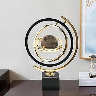 Homary Modern Sculpture Decor Abstract Art Decoration Metal Globe Ornament with Rectangle Stand – Black & Gold