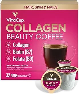 VitaCup Beauty Collagen Coffee Pods for Hair, Skin & Nails, with Biotin & Folate, Medium Dark Roast, Keto Friendly, Single Serve Pod Compatible with Keurig K-Cup Brewers,32 Ct