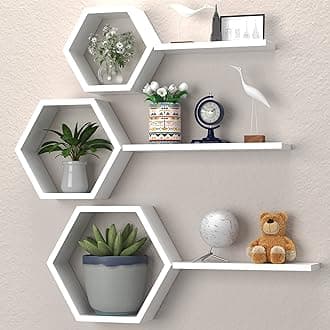 Wooden Hexagon Floating Shelves Set of 6, Rustic Modern Honeycomb Wall Shelves for Bedroom, Living Room, Bathroom, Kitchen, Office