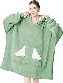 Touchat Wearable Blanket Hoodie, Oversized Sherpa Blanket Sweatshirt with Hood Pocket and Sleeves, Gifts Hooded Blanket for Adult Women Men (Light Green)