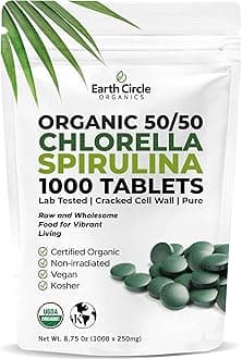 Earth Circle OrganicsPremium Chlorella/Spirulina 1000 Tablets (50/50), Organic, Kosher, Highest Potency - Pure Superfood, Cracked Wall, Chlorophyll, no additives, or fillers - 8.75 Oz