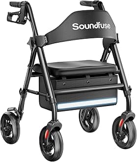 SOUNDFUSE Walkers for Seniors, Rollator Walker with Seat, 8" All Terrain Wheels, Double Support Bar, 350lb, 16" Ergonomic Arc Seat and Comfortable Backrest, Dual Height Adjustable and Foldable Design