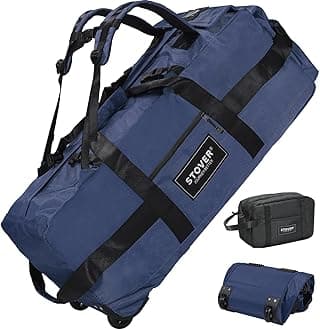 STOVER 80L Rolling Duffel Bag with Wheels, Large 31 Inch Durable Travel Duffle + Toiletry Bag, Heavy Duty, Packable, Foldable w/Shoulder Straps- Use as Luggage or Backpack, Men/Women (Blue)