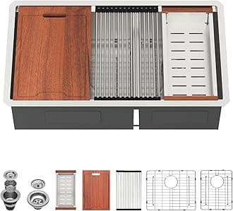 Lordear 33 Double Bowl Kitchen Sinks 33x19 Inch Undermount Ledge Workstation Sink Double Bowl 60/40 Low Divide 16-Gauge Stainless Steel Handmade Kitchen Sink