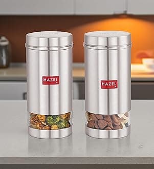 HAZEL Stainless Steel Tea Coffee Sugar Containers | 1000 ml Each Ideal for Multipurpose Item Storing | Transparent Jars with Silver Color Box with Matt Finish, Set of 2