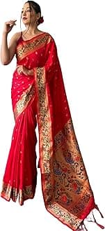 Pandadi Saree Women's Opulent Meenakari Moti Paithani Silk Saree with Rich Weaved Pallu and Tassels with unstitched blouse piece