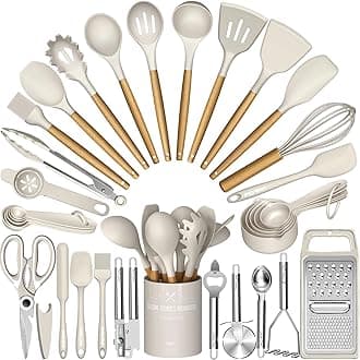 Umite Chef Cooking Utensils Set- Khaki Silicone Kitchen Utensils Set, 34PCS Heat Resistant Kitchen Gadgets Tools Set with Grater, Wooden Handle Kitchen Utensil Spatula Set for Nonstick Cookware