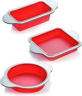 Boxiki Kitchen Silicone Baking Pans Set. 3 PCS Professional Non-Stick Baking Cake Pans Set includes Silicone Round Cake Pan, Square Cake Pan and Bread Loaf Pan.