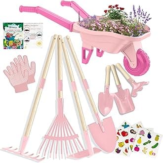 Qtioucp Kids Gardening Set with Wheelbarrow, Real Metal Garden Tools for Kids Ages 3-8, 4 Long Handle Tools, 3 Hand Tool, Gloves, 5 Stickers, Handbook, Outdoor Backyard Toys for Toddler Gift