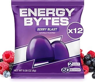 Energy Bytes Caffeine Gummies | Instant Energy Chews for Running, Cycling and Sports Performance | Vegan, Low Sugar | Berry Blast (12-Pack)