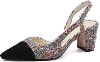 MICIFA Slingback Heels for women，Round Toe Chunky Heeled Pumps Ankle Strap Fashion Splicing Dress Shoes