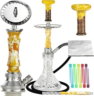 Multifunction Hookah Set with Complete Hookah Accessories Set—Upgraded Silicone Hookah Hose Ceramic Bowl Glass Vase Pre-punched Holes Foils,Upgraded Aluminum alloy Shisha Hookah Set(Gold)