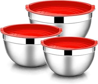 Mixing Bowls with Lids, 6-Piece Stainless Steel Salad Bowls Metal Nesting Bowls for Baking Cooking and Prepping, Airtight Lids & Stackable Design, Size 4.5, 3, 1.5 QT (Red)