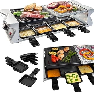 Electric Cheese Raclette Table Grill w Nonstick Grilling Plate & Cooking Stone- Indoor Smokeless Korean BBQ 8 Person Tabletop Cooker Hotplate- Melt or Grill Meat, Veggies for Home Dinner Party or Apps