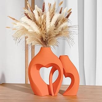 Orange Vases for Decor, Heart Shaped Ceramic Vase Set of 2, Nordic Heart Shaped Vases, Minimalist Decorative Vase for Table Centerpiece Wedding Dining Living Room Office House Decoration