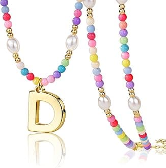 Easter Basket Stuffers for Teen Girls Kids Women, Initial Necklace for Little Girrs Bulk, Toddler Colorful Beaded Pearl Choker with Letter Pendant, Cute Personalized Jewelry Gift for Easter, Party, Birthday