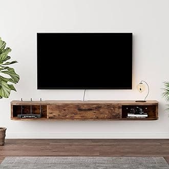 Pmnianhua Floating TV Unit, Wall Mounted TV Cabinet, Floating Shelves with Door, Modern Entertainment Media Console Center Large Storage TV Bench for Living Room & Office (120cm, Rustic Brown)