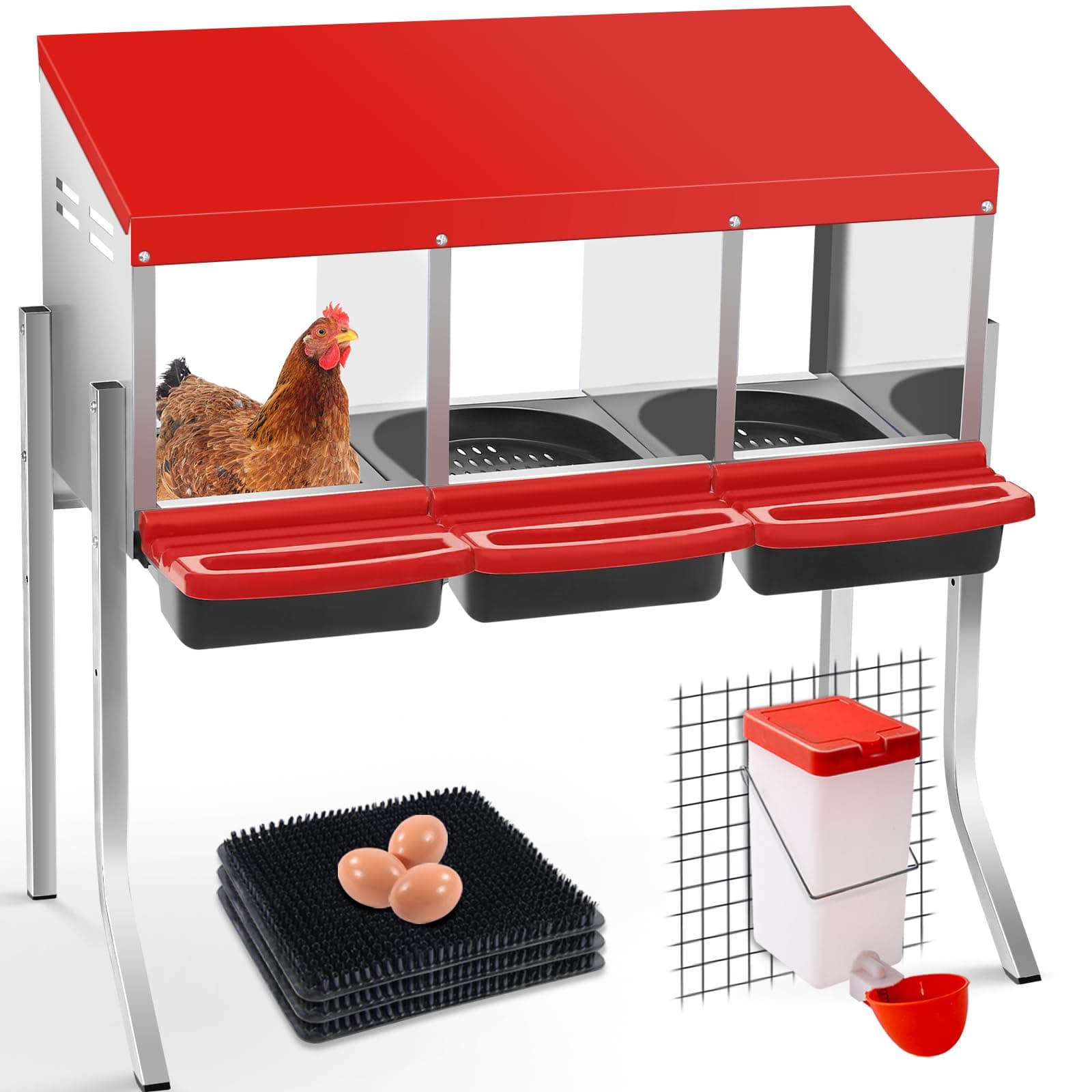 Purelax Chicken Nesting Boxes - 3 Hole Nesting Boxes for Laying Eggs, Adjustable Height Roll-away Nesting Boxes Chicken, Metal Nesting Boxwith Lid for Chickens Coops, Egg Collection,Red