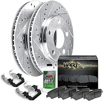 Hart Brakes Front Brake Rotors Silver Drilled Slotted Ceramic Brake Pads Compatible For 2003-2011 Ford Ranger, Mazda B2300, B3000, B4000