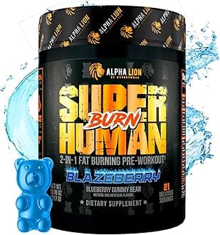 ALPHA LION Superhuman Burn – 2 in 1 Metabolism Booster Pre Workout and Thermogenic Fat Burner for Men – Appetite Suppressant and Weight Loss Supplement (21 Servings, Blue Gummy Bear Flavor)