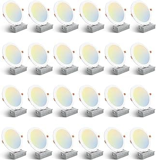 Amico 24 Pack 8 Inch 5CCT Ultra-Thin LED Recessed Ceiling Light with Junction Box, 2700K/3000K/3500K/4000K/5000K Selectable, 18W Eqv 125W, Dimmable Canless Wafer Downlight, 1500LM High Brightness -ETL