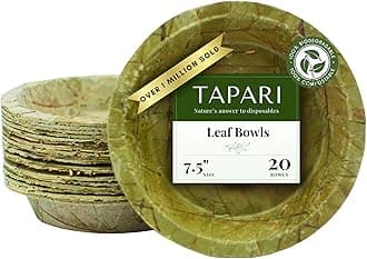 TAPARI Large Disposable Leaf Bowls - 20 Pack, 7.5 Inch - Sturdy & Eco-Friendly - Home Compostable & Biodegradable for Parties - Soup, Hot & Cold Food - Sal Leaf - 13 Fl Oz