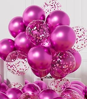 AULE Party Balloons Pack of 42 - Metallic Chrome Hot Pink Balloons and Hot Pink Confetti Latex Helium Balloons With 64ft Ribbons - 12 Inch Balloon Decoration Set