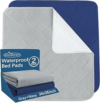 Bed Pads Washable Waterproof(2 Pack, 34 x 36), Washable and Reusable Chuck Pads Anti Slip Incontinence Underpad Sheet Protector for Adults, Elderly, Kids, Toddler and Pets, Grey and Navy
