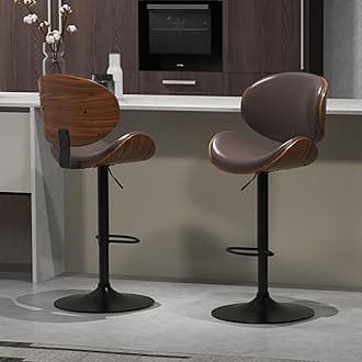 civama Brown Bar Stools Set of 2 for Kitchen Counter, Adjustable Bar Height Chairs, Modern Swivel Barstools with Bentwood Seat and Back with Footrest, for Kitchen Island, Dining Room, Brown PU Leather