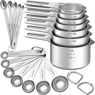 EWFEN Measuring Cups and Spoons Set, 7 Stainless Steel Nesting Measuring Cups & 7 Spoons, 5 Mini Measuring Spoons & 2 Detachable Rings, Kitchen Gadgets for Cooking & Baking, Round (Multicolor)