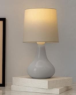 Homesake® Modern Small Ceramic LED Table Lamp, Classic Bedside Desk Lamp for Living Room Bedroom, Farmhouse Nightstand Lamps with Fabric Shade (Gray)
