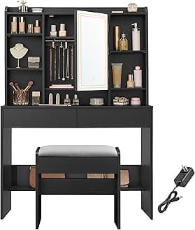 VASAGLE Vanity Desk with Mirror and Lights, Makeup Vanity with Upholstered Vanity Stool, Dimmable LED Lights, Adjustable Shelves, 7 Compartments, 2 Drawers, for Bedroom, Ink Black URDT131B01
