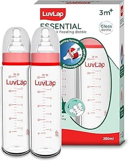 LuvLap Essential Slim Neck Glass Feeding Bottle, 250ml, 3m+ / Infants/Toddler Upto 3 Years, Madeof Borosilicate Glass, BPA Free, Ergonomic Shape is Easy to Hold, with Anti Colic Nipple, Pack of 2