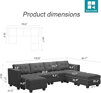 Belffin Modular Storage U-Shape Sectional Sofa Couch with Reversible Chaises 7-seat Sofa with Storage Seat Modular Sectional Sofa Set with Ottomans Modern Fabric Dark Grey