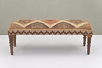 Acacia Wood Kilim Jute Fabric Upholstered Bench | Multi-Purpose Wooden Ottoman with Wool KD Jute for Living Room, Bedroom, End of Bed, Hallway & Entryway (Beige, 47x17x16 inch)