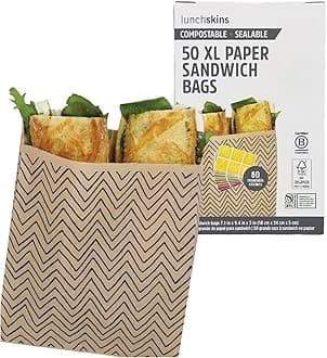 LunchSkins Compostable + Unbleached + Non-Wax Paper Quart Size Sandwich Bags with 60 Resealable Stickers Included - Chevron| 50 count (pack of 1) (KB-50-QUART-CHEVRON)