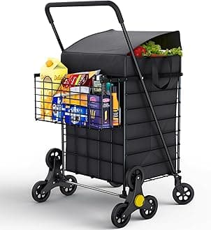 Stairs Climbing Shopping Cart w/Waterproof Basket Liner & 360° Swivel Wheels | Foldable Collapsible & Lightweight | Perfect for Groceries Laundry Utility Cart - Black