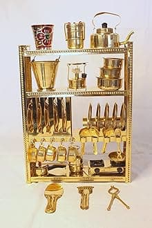 Handcrafted Brass Miniature Kitchen Set/Bhatukali/Toy Set/Home Decor/choppu Jaman/Real Cooking Kit for Play with Brass Stand (Gold 3)