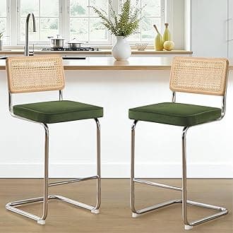 Zesthouse Natural Rattan Bar Stools Set of 2, 26'' Modern Boho Counter Height Bartools with Solid Wood Back, Mid Century Counter Stools with Velvet Cushion, Cane Back Island Chairs for Kitchen, Green