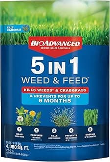 5-in-1 Weed and Feed Granules - Kills Lawn Weeds & Crabgrass - Feeds, Greens & Strengthens Lawn - Treats Up to 4,000 Square Feet - 9.6 lb Bag