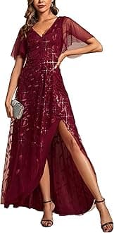 Women's Shimmery Formal Dress V Neck Sequins A-Line Side Slit Elegant Long Evening Dresses 02083