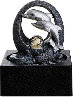 Indoor Fountains with Rolling Ball LED Light Dolphin Indoor Waterfall 18 * 18 * 23CM Desktop Waterfall Fountain for Relaxation, 3 Pin UK Plug Included